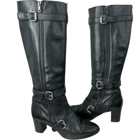 J.Crew Tall Leather Boots Strappy Moto 2.5" Heel in Black Women's Size 7.5 - Picture 2 of 16